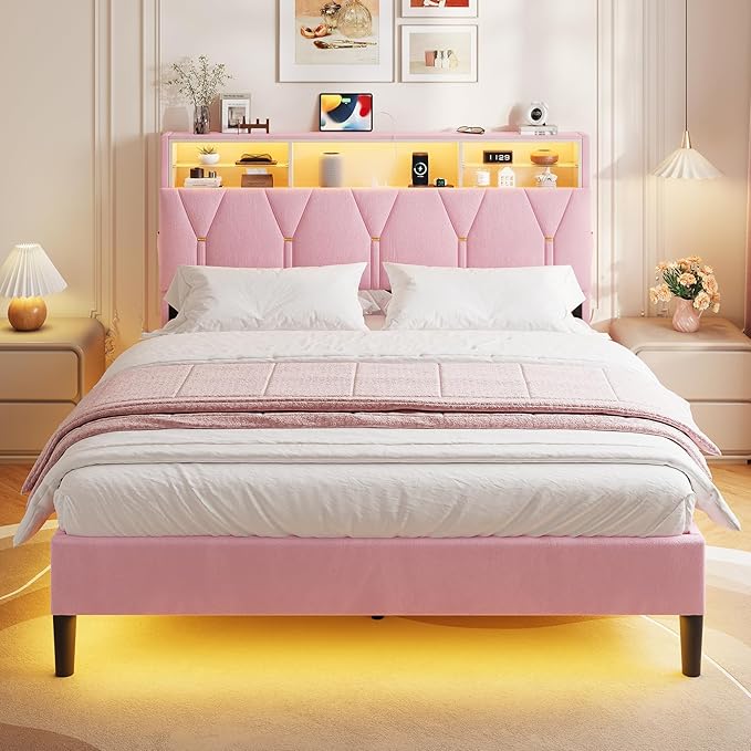 Queen Bed Frame with Storage Headboard,Power Outlet, Modern Velvet Upholstered Platform Bed LED Bed Frame with 5 Storage Shelves, No Box Spring Needed, Pink