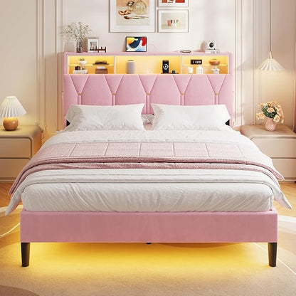 Full Size Bed Frames with Storage Headboard,Power Outlet, Modern Velvet Upholstered Platform Bed LED Bed Frame with 5 Storage Shelves, No Box Spring Needed, Pink