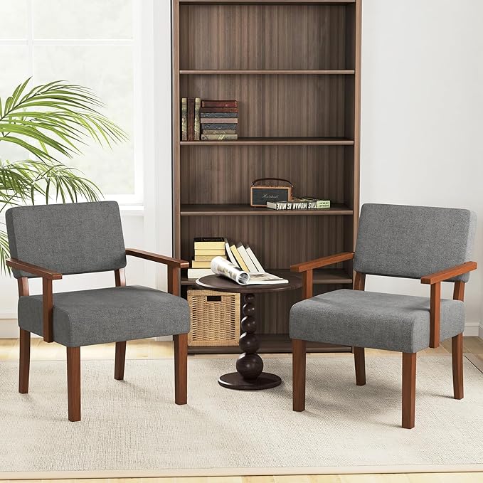 KOMFOTT Upholstered Accent Chair, Mid-Century Modern Armchair with Rubber Wood Frame, Linen Fabric Living Room Chair with Padded Seat & Backrest, Comfy Reading Chair for Bedroom, Waiting Room, Grey