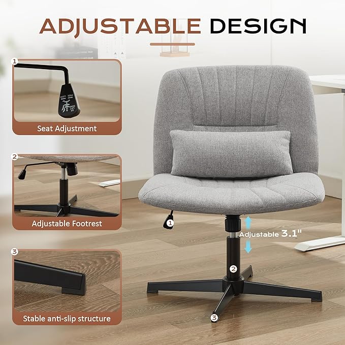 URRED Criss Cross Office Chair, Armless Cross-Legged Desk Chair with Fixed Legs, Height Adjustable Wide Seat Task Vanity Chair for Home Office or Bedroom (Grey)