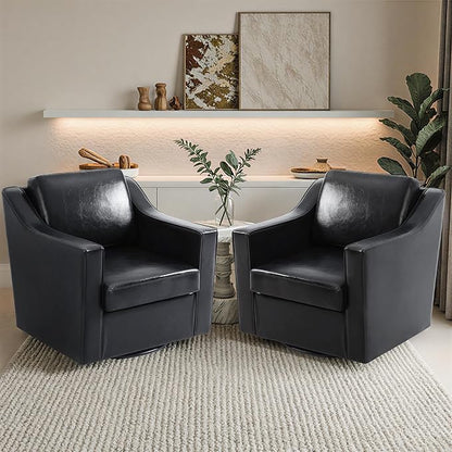 Pia Ricco 360° Swivel Accent Chair, Oversized Modern Faux Leather Armchair with Removable Cover for Living Room and Reception,Black