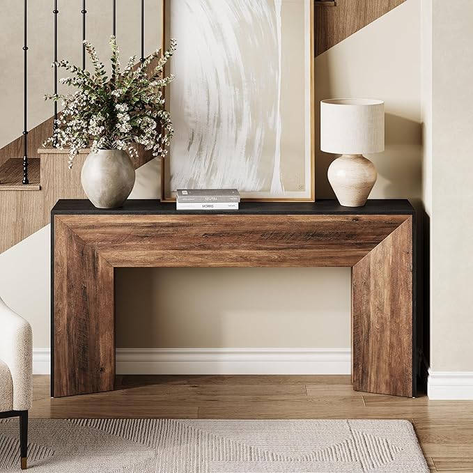 LITTLE TREE Console Table, 63 Inches Extra Long Sofa Table for Living Room, Modern Hallway Entryway Foyer Table for Entrance, Easy Assembly, Black & Rustic Brown