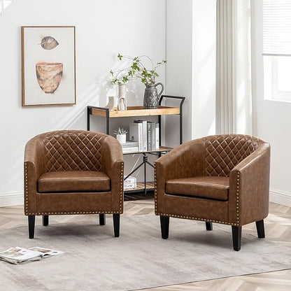 KINWELL 29" W Faux Leather Barrel Chairs Set of 2, Modern PU Upholstered Tufted Club Chairs with Nailhead Trim, Small Armchairs Accent Chairs for Living Room Bedroom Apartment Lounge Nursery, Coffee