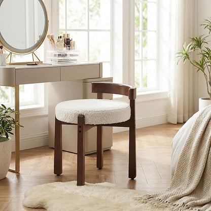 HNY Modern Boucle Ottoman : Upholstered Vanity Chair with Solid Wood Legs, Cute Round Footrest for Bedroom & Living Room, White