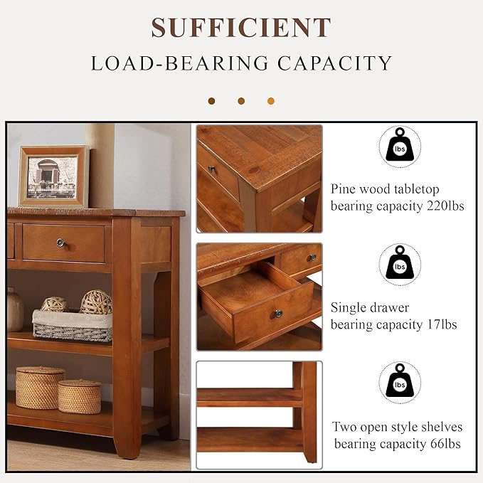 LKTART Solid Wood Console Table Entryway Table with Storage Drawers and Bottom Shelf Sofa Table for Entry Hallway Foyer Sofa Couch Table,Easy Assembly (48.8" Brown)