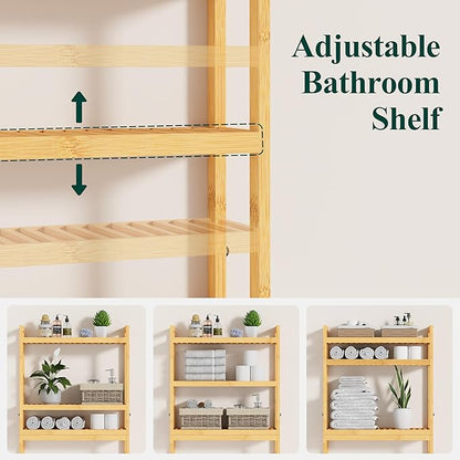 Smiry Over The Toilet Storage Cabinet, 3-Tier Bamboo Bathroom Organizers with Adjustable Shelf & 4 Hooks, Space Saving Shelf Rack for Bathrooms, Laundry Room, Balcony, Natural