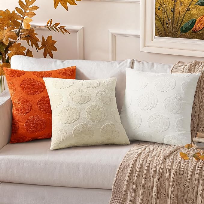 decorUhome Decorative Rust Pumpkin Thanksgiving Throw Pillow Covers 12x20 Set of 2, Soft Chenille Jacquard Farmhouse Textured Pillow Covers for Couch Bed Sofa Autumn Harvest Halloween Holiday