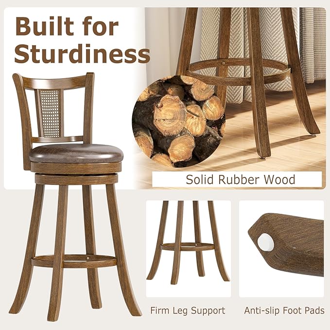 COSTWAY Barstools Set of 4, 30” Solid Rubber Wood Swivel Bar Chairs with Faux Leather Seat, Curved PE Rattan Back, for Living Room & Kitchen Island, Brown (4, 30” Seat Height)
