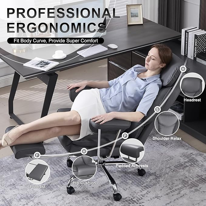 Big and Tall Office Chair, Executive Home Office Desk Chair, Comfy Leather High-Back Reclining Computer Chair with Retractable Footrest and Padded Arms, 360°Swivel Rolling Wheels, Wide Seat, Gray