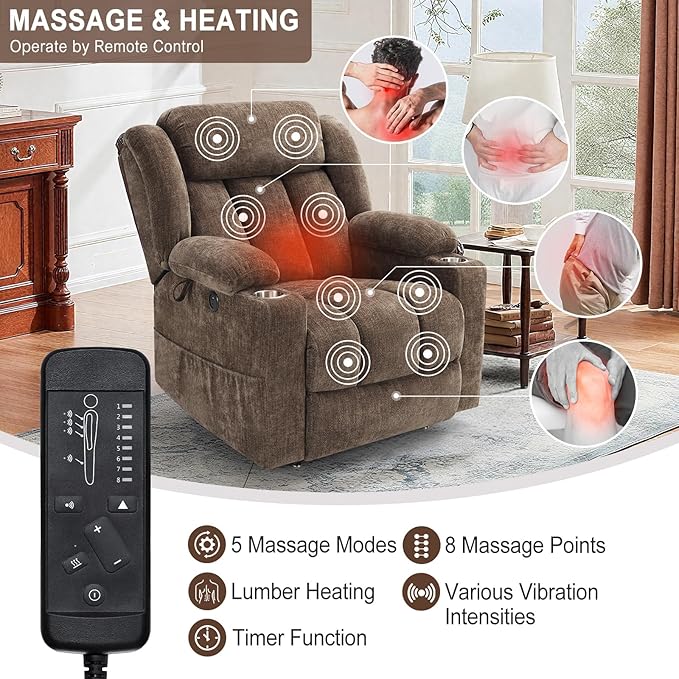 Dual Motor Lift Recliner Chair - Durable Heavy Duty Steel Mechanism Chenille Fabric High-Density Sponge, USB & Type-C Port Brown Standing Assistance Reclining Chair