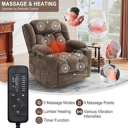Dual Motor Lift Recliner Chair - Durable Heavy Duty Steel Mechanism Chenille Fabric High-Density Sponge, USB & Type-C Port Brown Standing Assistance Reclining Chair