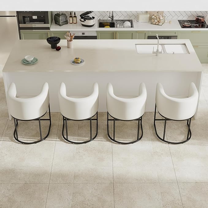PU Leather Bar Stools Set of 4, Modern Upholstered Counter Height Bar stools 24" Leather Barstools Barrel Kitchen Counter Island Stools with Black Metal Base, White