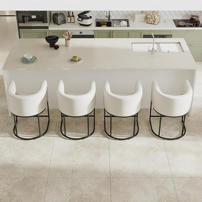 PU Leather Bar Stools Set of 4, Modern Upholstered Counter Height Bar stools 24" Leather Barstools Barrel Kitchen Counter Island Stools with Black Metal Base, White