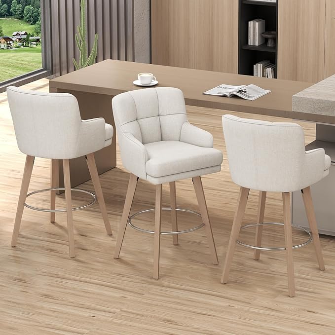 360°Swivel Counter Height Bar Stools with Back, 30 inch Solid Wood Legs, Bar Stool Modern Kitchen Island Chairs, Fabric (Beige- Fabric, 30" H- Set of 3)