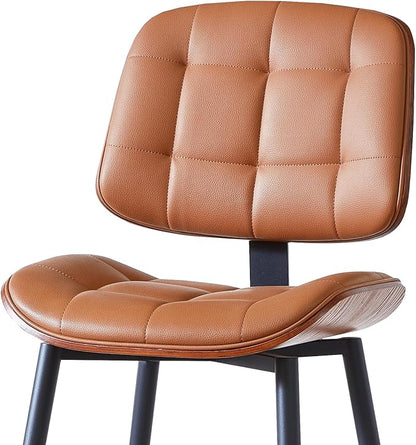 Mid Century Modern Bar Stools Set of 3 for Kitchen Island,Upholstered Brown Faux Leather Counter Height stools,26 Inch Counter stools with Walnut Grain Back