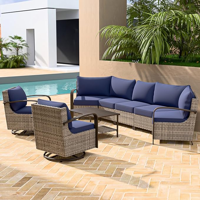 COOS BAY Aurora Terrace Half-Moon Outdoor Furniture Set, Rattan Conversation Set with Swivel Rockers, Curved 5-Seat Sofa, Coffee Table, Seats 7, Beige/Blue