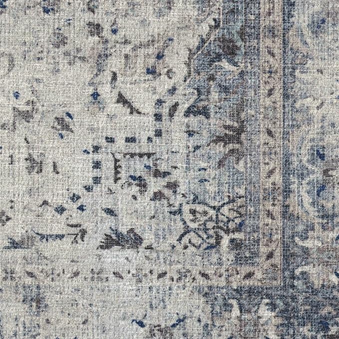 RUGGABLE Washable Vintage Area Rug – Sarrah Blue Quartz 8x10, Stain-Resistant, Non-Slip – Large Machine Washable Rugs for Living Room, Bedroom, Hallway, Entryway & Office–with Standard Pad