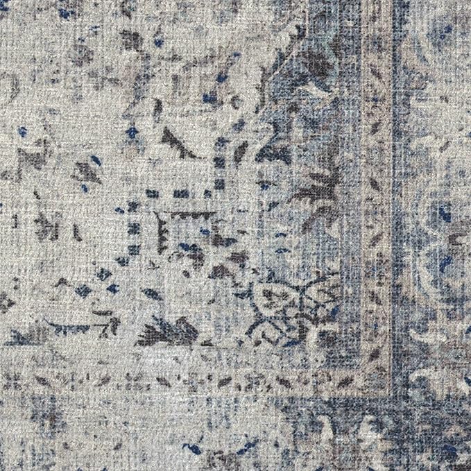 RUGGABLE Washable Vintage Area Rug – Sarrah Blue Quartz 9x12, Stain-Resistant, Non-Slip – Large Machine Washable Rugs for Living Room, Bedroom, Hallway, Entryway & Office–with Cushioned Pad