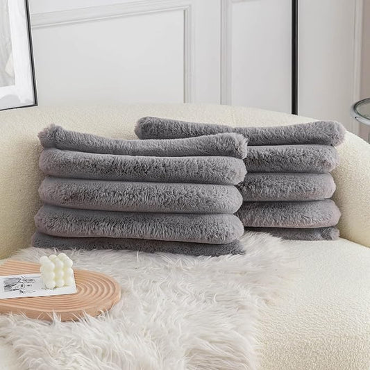 Neelvin Grey Faux Fur Cozy Soft Striped Decorative Throw Pillow Covers 12x20 inch Set of 2,Velvet Pillowcase Cushion Case for Sofa Couch