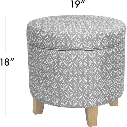 HomePop Upholstered Round Storage Ottoman Home Décor|Upholstered Round Foot Rest Ottoman - Light Grey Print Large