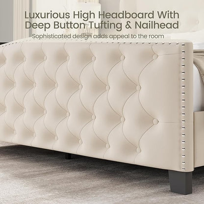 LARMACE Queen Size Bed Frame Velvet Upholstered Platform Bed with Wingback Headboard & Footbaord, Deep Button Tufted Bed Frame with Wood Slats Support, No Box Spring Needed, Beige