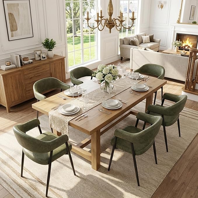 HNY Modern Dining Room Arm Chairs Set of 6, Green Retro Faux Leather Upholstered Barrel Dining Chairs with Arms Mid-Century Accent Chair with Metal Legs, Open-Back Kitchen Side Chairs for Living Room