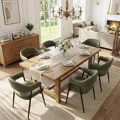 HNY Modern Dining Room Arm Chairs Set of 6, Green Retro Faux Leather Upholstered Barrel Dining Chairs with Arms Mid-Century Accent Chair with Metal Legs, Open-Back Kitchen Side Chairs for Living Room