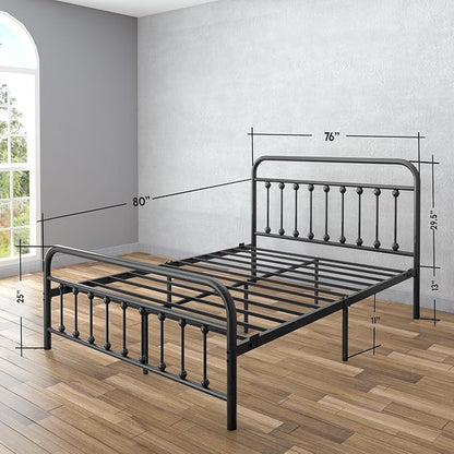 Golden Gate Beds Vintage Style King Size Metal Bed Frame with Wrought Iron Headboard and Footboard – Classic Platform Bed with 11" Storage Space, No Box Spring Required, Black Finish