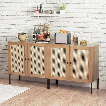 COSTWAY Buffet Cabinet with Storage, Storage Sideboard with Rattan Decorated Doors, Adjustable Shelf, Metal Legs, Accent Cabinet, Buffet Table Credenza for Hallway, Entryway, Living Room (1, Oak)