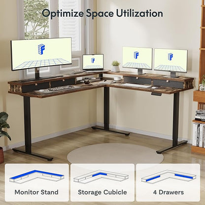 FLEXISPOT 63" L Shaped Standing Desk Electric Corner Table with Shelf, 4 Storage Drawers, Adjustable Computer Workstation for Home, Office, Game, Studio, Rustic Brown Top + Black Frame