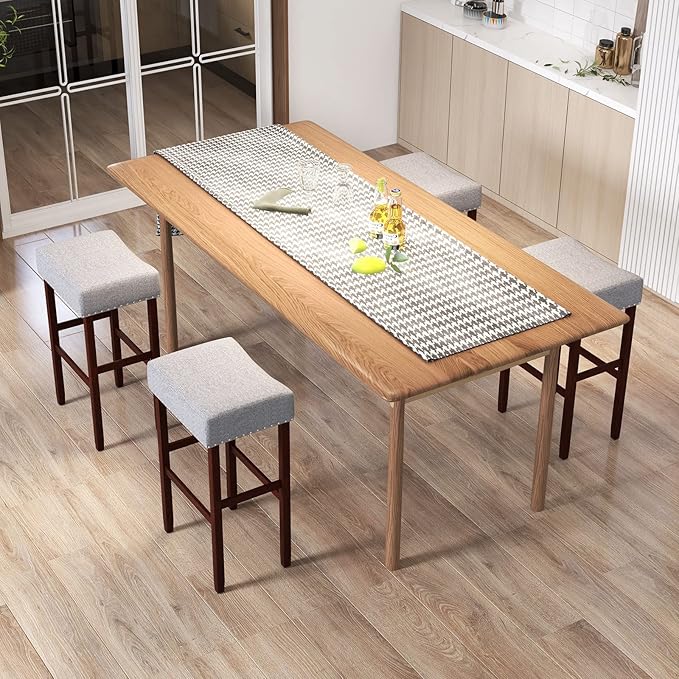 COSTWAY Counter Height Bar Stools Set of 4, 29.5-inch Backless Saddle Stools with Nailhead Trim, Rubber Wood Frame, Footrest, Max Load 330 Lbs, Upholstered Barstools for Kitchen Island Pub, Grey