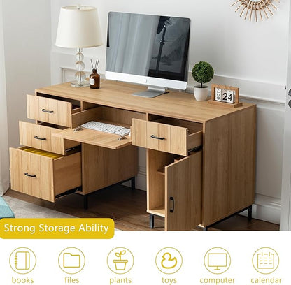 55" Executive Desk, Modern Wood Office Table with Charging Station, 5 File Drawer & 1 Storage Cabinet, Home Computer Writing Desk for Work Study, Living Room, Bedroom (Natural Oak)