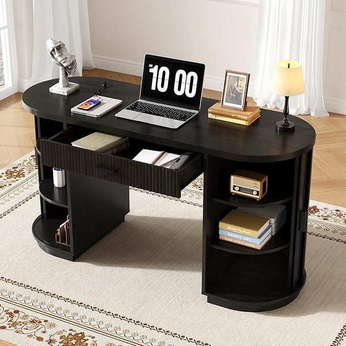 ONBRILL 58" Fluted Executive Desk with Storage, Home Office Desk with Drawers, Wood Computer Writing Desks with Charging Station for Study Living Room Bedroom Work Black