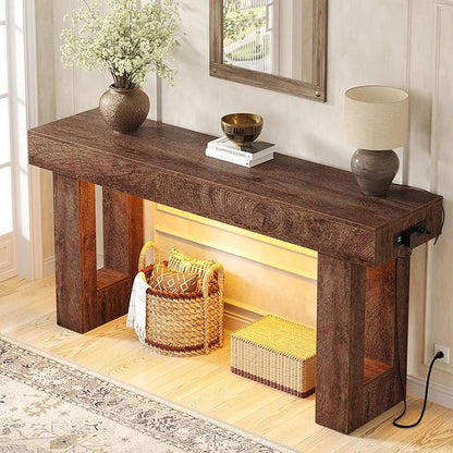 Unikito 63'' Farmhouse Console Table with Power Outlets and Sensor Light, Wooden Entryway Table with Storage, Rectangular Sofa Tables Behind The Couch for Entrance, Hallway, Living Room, Rustic Oak