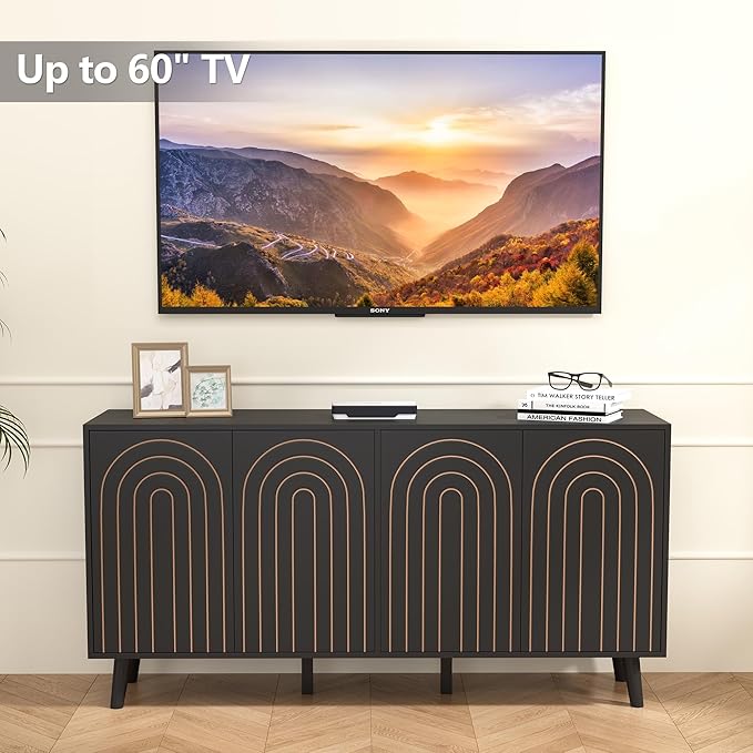 59" Buffet Cabinet with Storage, Modern Accent Sideboard Storage Cabinet with 4 Doors & Carving Lines, Wooden Coffee Bar Table Console for Living Room Kitchen Office and Hallway (Black)