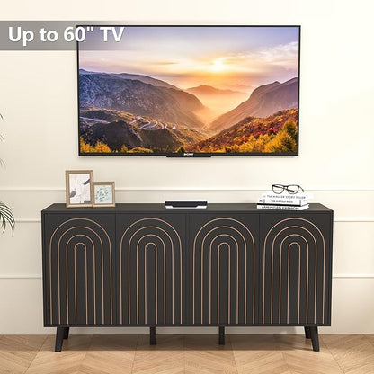 59" Buffet Cabinet with Storage, Modern Accent Sideboard Storage Cabinet with 4 Doors & Carving Lines, Wooden Coffee Bar Table Console for Living Room Kitchen Office and Hallway (Black)