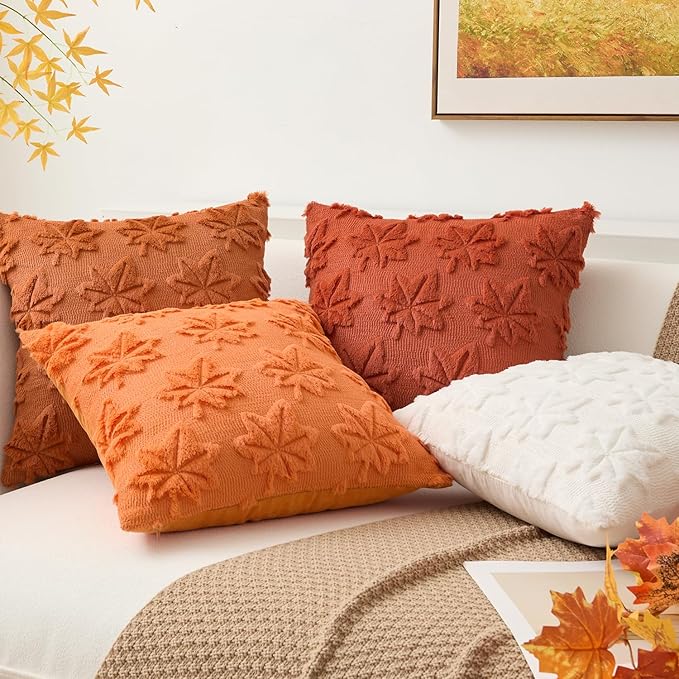 Kevin Textile Maple Leaf Pillow Covers 18x18 Inch Set of 2 Fallen Leaves Embroidery Decor Soft Plush Faux Fur Throw Pillows Pillowcases for Holiday Harvest Decor Sofa Couch Bedroom, Rust