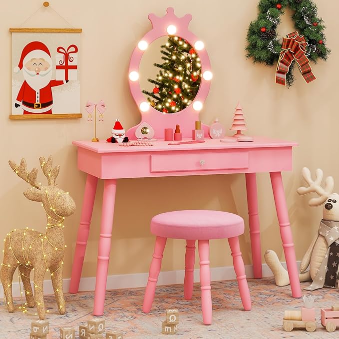 Costzon Kids Vanity, Girls Vanity Set with Mirror and Stool and Lights, Drawer, 2 in 1 Wooden Makeup Vanity Desk Dressing Table, Kids Vanity Table and Chair Set (Pink)