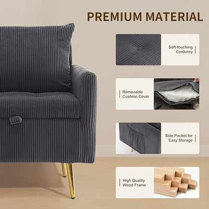 Furnimart Storage Accent Chair with Arm, Mid-Century Corduroy Sofa Chair with Removable Cushion, Reading Chair for Bedroom, Living Room, Apartment, Gray