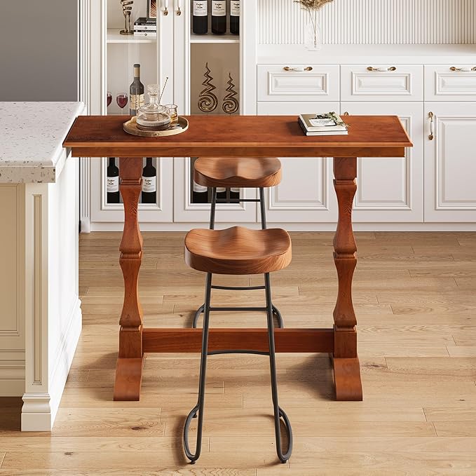 LITTLE TREE Bar Height Table, Small Pub Table with Solid Wood Base, Retro Mid-Century Design, Indoor Cocktail Bar for Small Spaces, Kitchen, Living Room, Mocha Brown