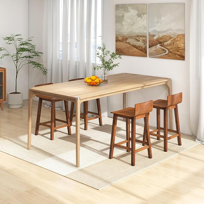 COSTWAY Solid Wood Bar Stools Set of 4, 24.5-inch Counter Height Chairs with Low Back and Footrest, Farmhouse Wooden Armless barstools for Kitchen Island, Dining Room, Cafe, Breakfast, Brown