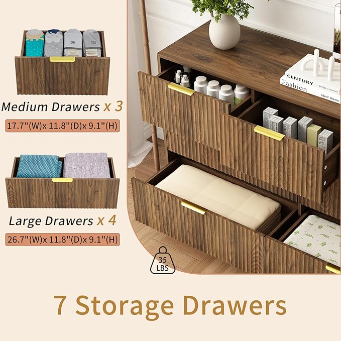 3-Piece Modern Bedroom Furniture Set, Wide 7-Drawer Dresser & 1-Drawer Nightstands Set of 2, Natural Wood Dresser and Nightstand Sets for Bedroom, Hallway, Walnut