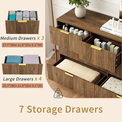 3-Piece Modern Bedroom Furniture Set, Wide 7-Drawer Dresser & 1-Drawer Nightstands Set of 2, Natural Wood Dresser and Nightstand Sets for Bedroom, Hallway, Walnut