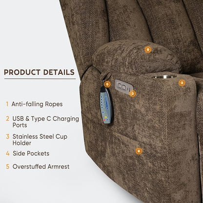 Large Power Lift Recliner Chair with Massage and Heat, Durable Heavy Duty Steel Mechanism Chenille Fabric High-Density Sponge, USB & Type-C Port Standing Assistance Brown Reclining Chair