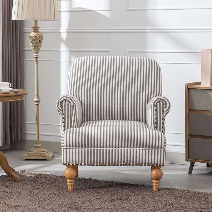 Linen Accent Chair Mid-Century Modern Living Room Armchair with Nailhead Trim & Wood Legs Comfy Upholstered Single Sofa Chair for Lounge/Bedroom/Reception, Black Stripe