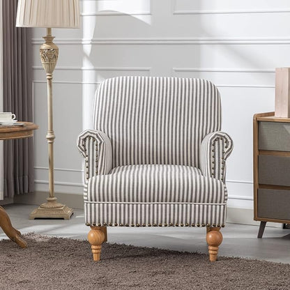 Linen Accent Chair Mid-Century Modern Living Room Armchair with Nailhead Trim & Wood Legs Comfy Upholstered Single Sofa Chair for Lounge/Bedroom/Reception, Black Stripe
