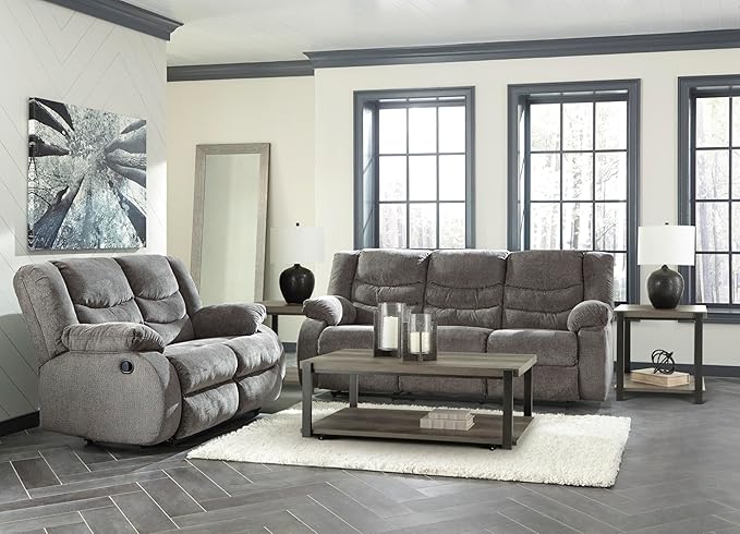 Signature Design by Ashley Tulen Modern Manual Pull Tab Reclining Loveseat, Dark Gray