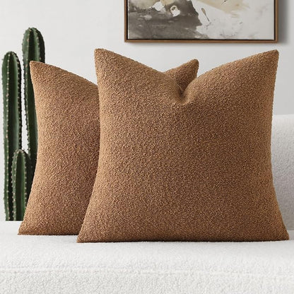 FUTEI Pack of 2 Tobacco Decorative Throw Pillow Covers 16x16 Inch Soft Cozy Solid Boucle Textured Cushion Case,Modern Home Decor for Couch Bed Living Room