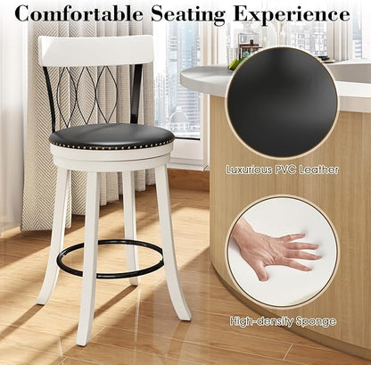 COSTWAY Bar Stools Set of 4, 26” Seat Height Swivel Barstools with Ergonomic Backrest, Soft Cushion & Footrest, Rubber Wood Counter Height Bar Chairs Upholstered Dining Chairs for Kitchen Island