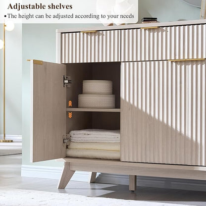 OKD Fluted Storage Cabinet with Drawers, 60" Morden Buffet Sideboard Coffee Bar Cabinet with 4 Doors and 3 Drawers for Dining Room, Living Room,Hallway (White Alder)